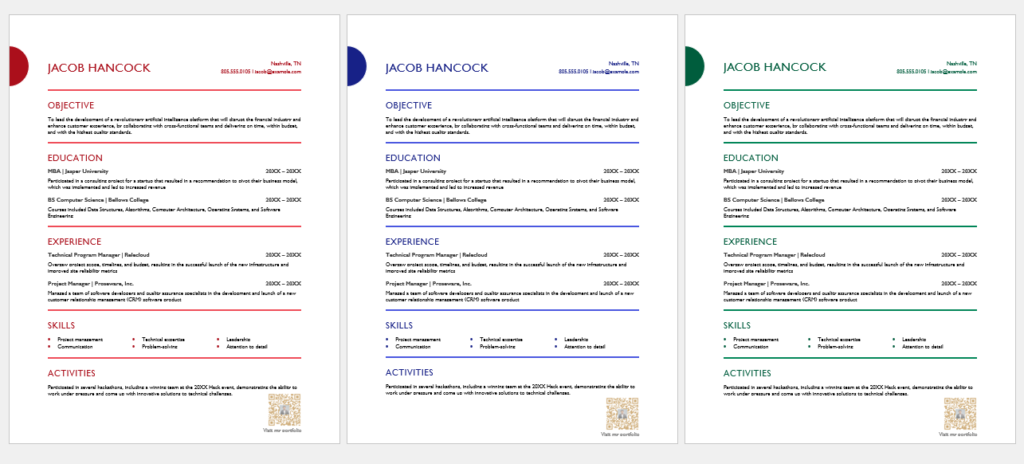 Three Resume templates with QR code