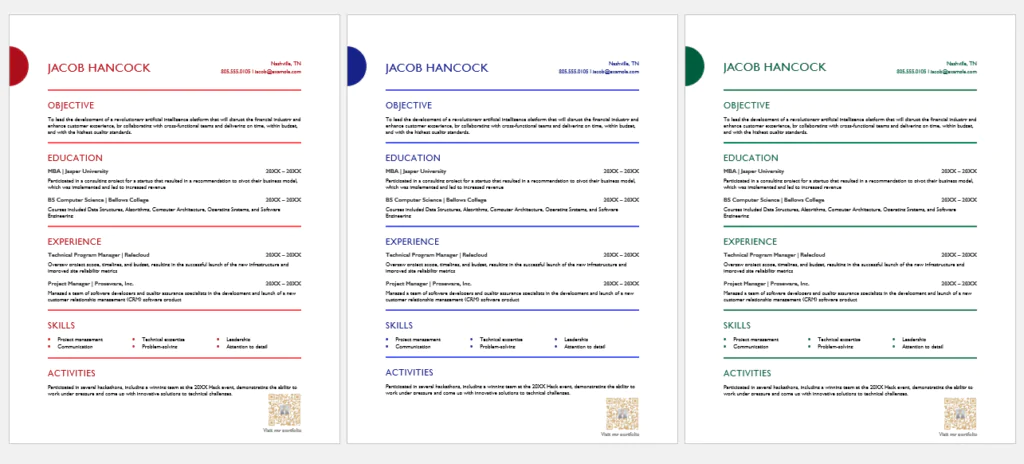 Three Resume templates with QR code