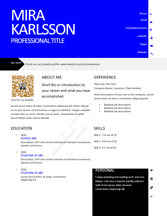 One-page Resume template with QR code